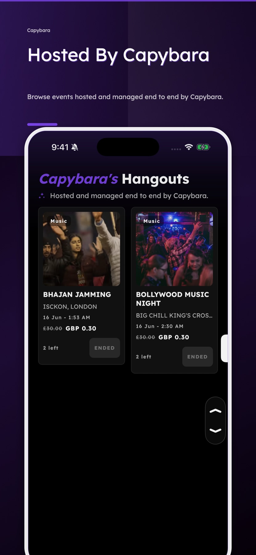Capybara-hosted events with venues, prices and available spots