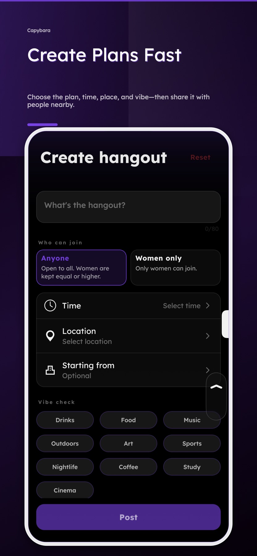 Create a hangout with a time, place and vibe in Capybara