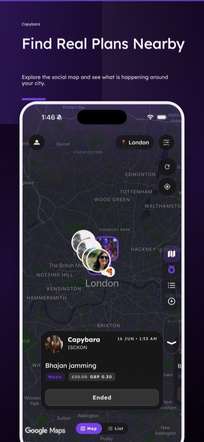 Capybara social map with nearby real-world plans